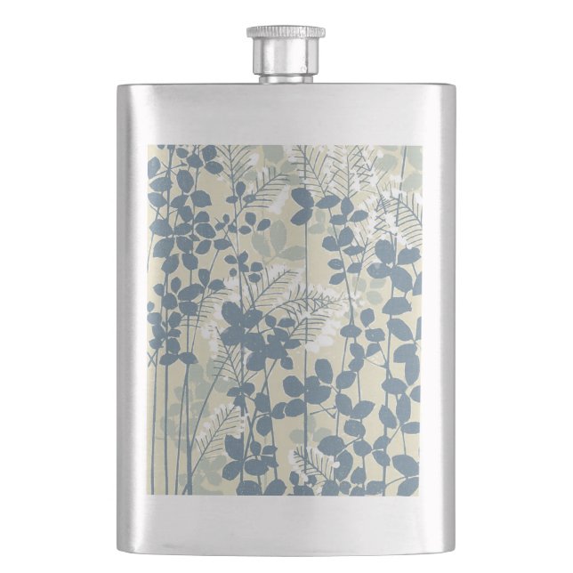 Vintage Japanese Blue Botanical: Cream Leaf Fern Hip Flask (Front)