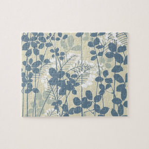 Vintage Japanese Blue Botanical: Cream Leaf Fern Jigsaw Puzzle