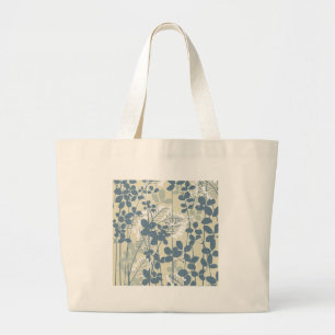 Vintage Japanese Blue Botanical: Cream Leaf Fern Large Tote Bag