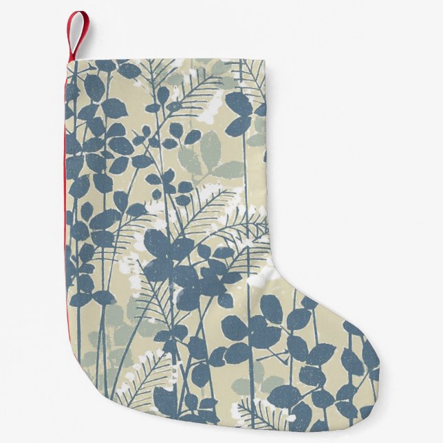 Vintage Japanese Blue Botanical: Cream Leaf Fern Small Christmas Stocking (Front)