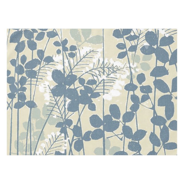 Vintage Japanese Blue Botanical: Cream Leaf Fern Tablecloth (Front (Horizontal))