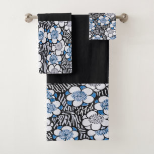 Vintage Japanese Blue Traditional Flower Pattern Bath Towel Set