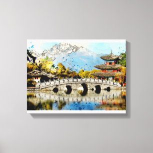 Vintage Japanese Bridge Landscape Art Canvas Print
