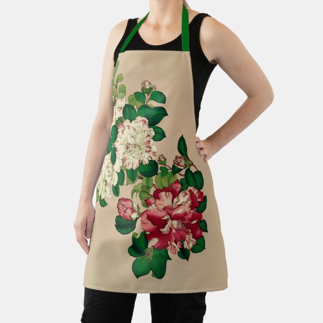 Vintage Japanese Camellias. Deep Pink on Beige Apron (Insitu)