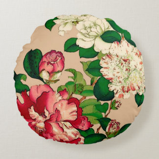 Vintage Japanese Camellias. Deep Pink on Beige Round Cushion