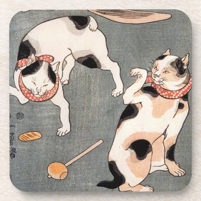 Vintage Japanese Cat Art Coaster (Front)