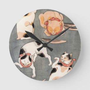 Vintage Japanese Cat Art Round Clock