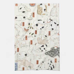 Vintage Japanese Cat Art Ukiyoe Woodblock Print Tea Towel