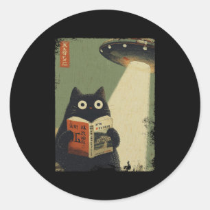 Vintage Japanese Cat Book Lovers Ufo Alien Abducti Classic Round Sticker