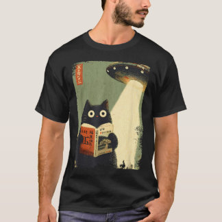 Vintage Japanese Cat Book Lovers Ufo Alien T-Shirt
