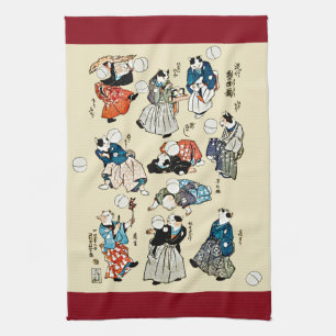 Vintage Japanese Cat Jugglers Ukiyo-e Art Tea Towel