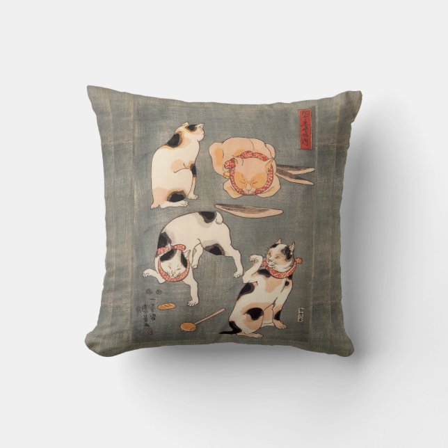 Vintage Japanese Cat Poses Cushion (Front)