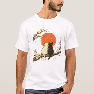 Vintage Japanese Cherry Blossom Cats Red Sun Art T-Shirt