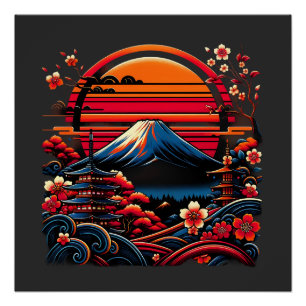 Vintage Japanese Cherry Blossom Sakura Mount Fuji Poster