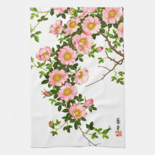 Vintage Japanese Cherry Blossoms, Pink and Gold Tea Towel