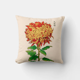 Vintage Japanese Chrysanthemum. Gold and Orange Cushion