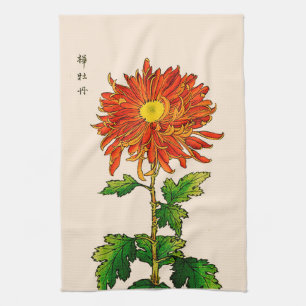 Vintage Japanese Chrysanthemum. Orange and Gold Tea Towel