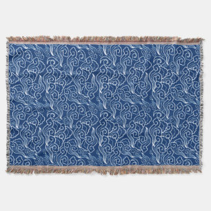 Vintage Japanese Clouds, Cobalt Blue and White Throw Blanket