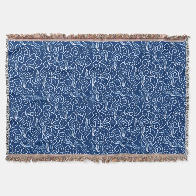 Vintage Japanese Clouds, Cobalt Blue and White Throw Blanket (Front)