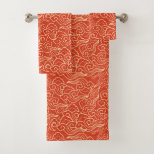 Vintage Japanese Clouds, Coral Orange  Bath Towel Set