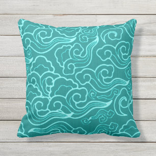 Vintage Japanese Clouds, Turquoise and Aqua Outdoor Cushion