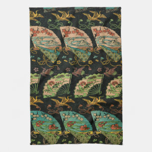Vintage Japanese Crane & Fan Floral Art Pattern Tea Towel