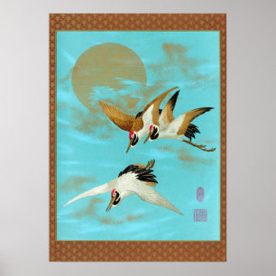 Vintage Japanese Crane & Gold Sun Blue Art Poster
