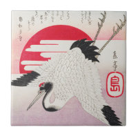 Vintage Japanese Crane Red Sun Woodblock Print