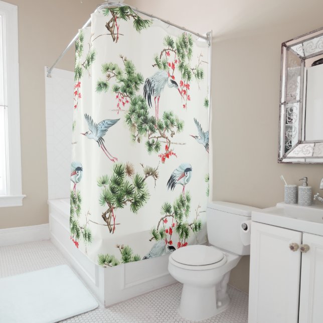 Vintage Japanese Cranes and Conifers Shower Curtain (In Situ)