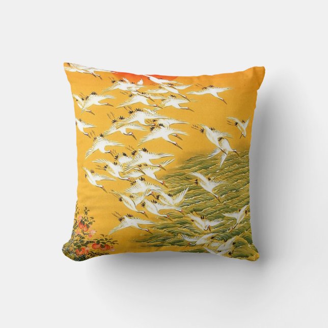 Vintage Japanese Cranes at Sunset Cushion (Front)