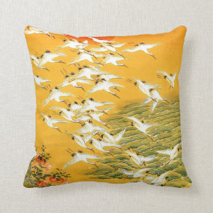 Vintage Japanese Cranes at Sunset Cushion