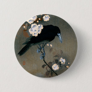 Vintage Japanese Crow and Blossom Woodblock Print 6 Cm Round Badge