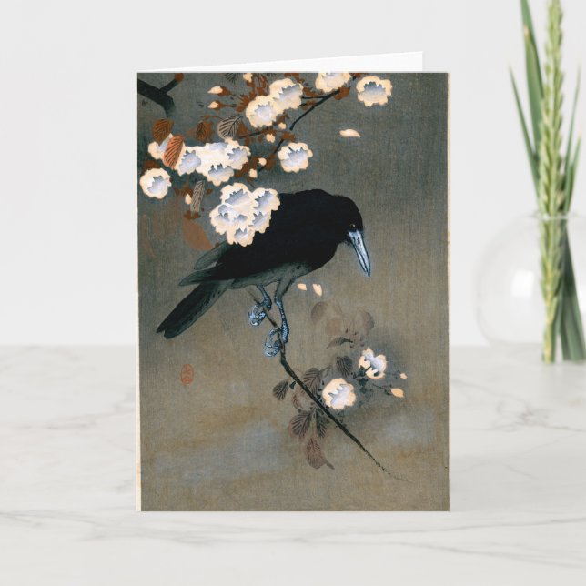 Vintage Japanese Crow and Blossom Woodblock Print Card (Front)