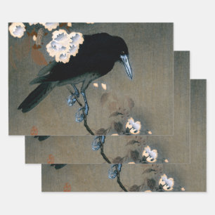 Vintage Japanese Crow and Blossom Woodblock Print Wrapping Paper Sheet