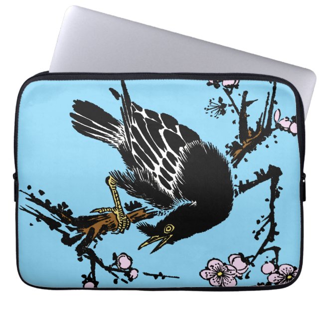 Vintage Japanese Crow and Cherry Blossoms Laptop Sleeve (Front)