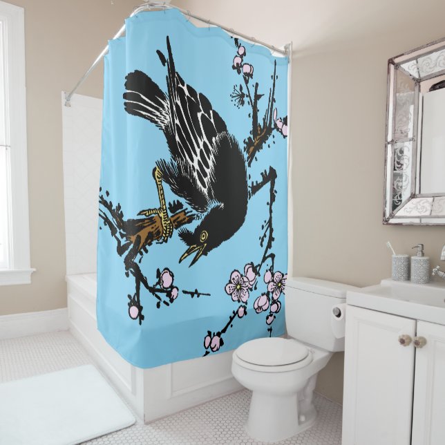 Vintage Japanese Crow and Cherry Blossoms Shower Curtain (In Situ)