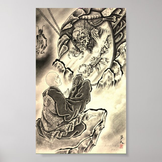 Vintage japanese demon monk tattoo poster (Front)