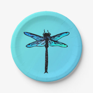 Vintage Japanese Dragonfly, turquoise blue Paper Plate