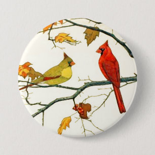 Vintage Japanese drawing, Cardinals on a branch 7.5 Cm Round Badge