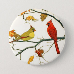 Vintage Japanese drawing, Cardinals on a branch 7.5 Cm Round Badge