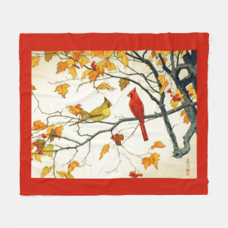 Vintage Japanese drawing, Cardinals on a branch Fleece Blanket