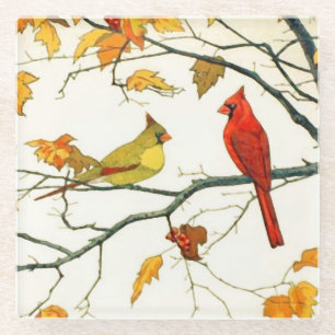Vintage Japanese drawing, Cardinals on a branch Glass Coaster