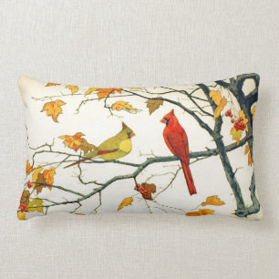 Vintage Japanese drawing, Cardinals on a branch Lumbar Cushion