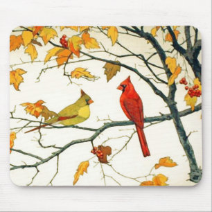 Vintage Japanese drawing, Cardinals on a branch Mouse Pad