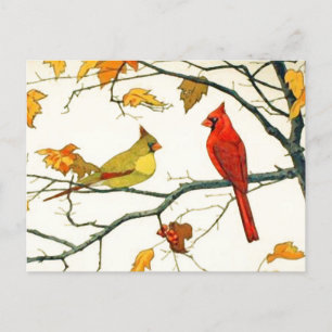 Vintage Japanese drawing, Cardinals on a branch Postcard
