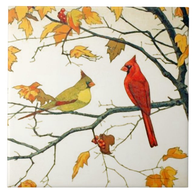Vintage Japanese drawing, Cardinals on a branch Tile (Front)