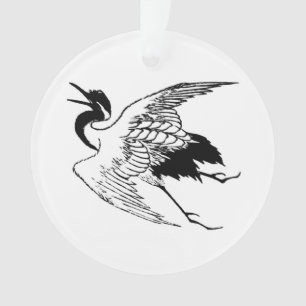 Vintage Japanese Drawing of a Crane, Black & White Ornament