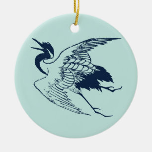 Vintage Japanese Drawing of a Crane, Blue Ceramic Tree Decoration