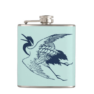Vintage Japanese Drawing of a Crane, Blue Hip Flask
