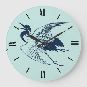 Vintage Japanese Drawing of a Crane, Blue Large Clock